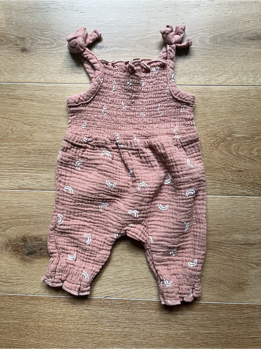 Baby Gauze Pink Romper with White Rainbow Print